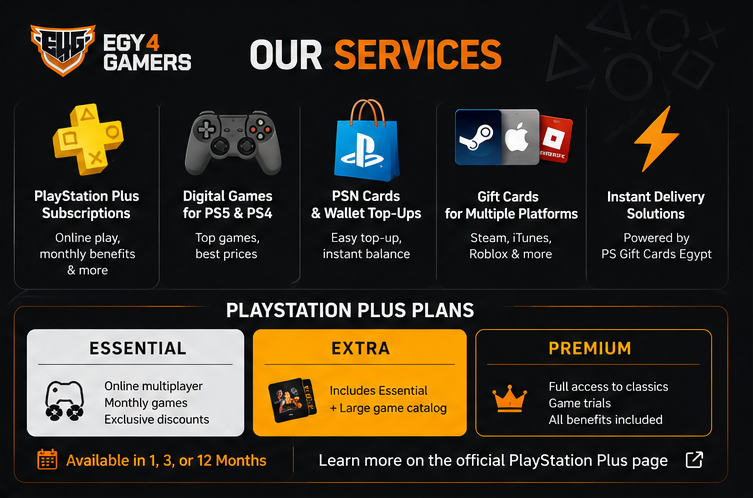 Egy4Gamers digital gaming services, PSN cards, and PlayStation Plus in Egypt